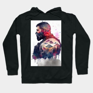 Soldier In A Gas Mask Watercolor Double Exposure Hoodie